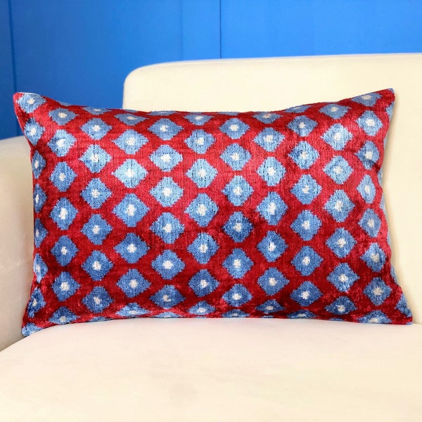 Blue ikat velvet pillow, Red ikat pillows, Silk ikat cushion cover, Lumbar blue pillow, Blue throw pillow, Velvet ikat pillow, Boho pillows