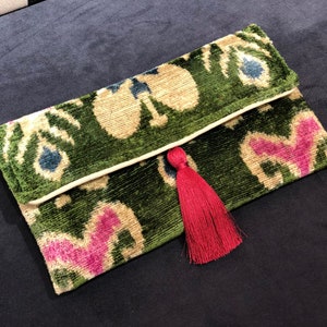 Green Ikat Clutch Bag, Green Clutch Bag, Evening Clutch Bag, Wedding Bag, Ikat Handbag, Green Ikat Bag, Velvet Clutch Bag, Boho Clutch Bag