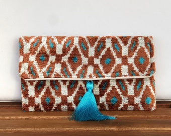 Brown ikat clutch bag, Brown clutch bag, Ikat velvet bag, Evening clutch bag, Uzbek ikat bags, Silk velvet ikat bag, Wedding clutch bag