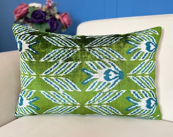 Green Ikat Velvet Pillow, Blue Ikat Home Decor, Lumbar Throw Cushion, Modern Velvet Accent, Ikat Pattern Cushion, Decorative Sofa Pillow