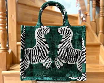 Green Velvet Ikat Tote Bag: Handmade Silk Zebra Print