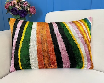 Colorful Pillow Cover, Colorful Ikat Pillow, Lumbar Ikat Pillow, Ikat Cushion Cover, Ikat Velvet Pillow Cover, Lumbar Throw Pillow