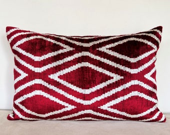 Red and White Ikat Pillow, Boho Red Pillow, Rustic Ikat Pillow, Boho Pillow Cover, Red Ikat Pillow, Red Velvet Ikat Pillow, Silk Ikat Pillow