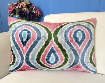 Handmade Pink, Blue, and Green Ikat Pillow, Pink Ikat Velvet Pillow, Blue Ikat Cushion Cover, Lumbar Ikat Pillow, Velvet Pillow Cover