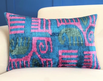 Pink ikat cushion cover, Blue velvet ikat pillow, Pink velvet pillow, Velvet pillow cover, Vintage ikat pillow cover, Velvet throw pillow
