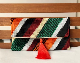 Ikat Clutch Bag, Colorful Clutch Bag, Orange Clutch Bag, Green Clutch Bag, Velvet Clutch bag, Evening bag, Wedding bag, Silk Velvet Ikat Bag