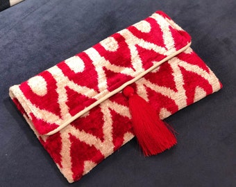 Red Clutch Bag, Red Ikat Bag, Wedding Cluth Bag, Bridal Clutch Bag, Evening Bag, Ikat Clutch Bag, Handmade Clutch Bag, Boho Red Clutch Bag