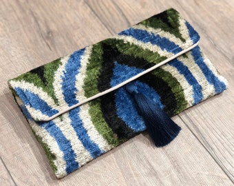 Bolso clutch ikat azul, bolso clutch ikat verde, bolso clutch de terciopelo, bolso ikat verde, bolso clutch de noche, bolso clutch de boda, bolso ikat de terciopelo de seda