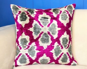 Clover pattern squared pink ikat pillow cover, 20"20" gray pink velvet ikat cushion, pink pillow, decorative pillows for sofa, cross pattern