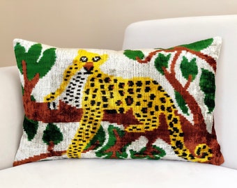 Yellow ikat velvet pillow, Ikat tiger pillow, Panther pillow, Animal ikat pillow, Decorative cushion, Tiger ikat Pillow,