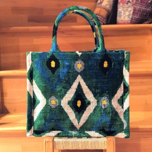Green velvet bag, Velvet ikat tote bag, Green ikat bag, Tote evening bag, Tote wedding bag, Ikat clutch bag, Velvet tote bag, Ikat handbag