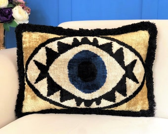 Evil eye blue ikat pillow, beige rectangle ikat cushions, handmade pillows, decorative pillows, 16"24" velvet ikat pillows, bohemian pillows