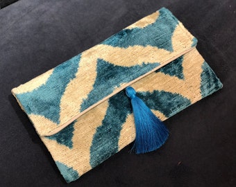 Blue ikat clutch bag, Blue clutch bag, Ikat handbag, ikat velvet bag, Clutch purse, Clutch wallet, Evening bag, Wedding bag, Boho clutch bag