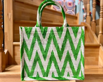 Green velvet tote, Velvet ikat tote bag, Green ikat bag, Tote evening bag, Tote wedding bag, Ikat clutch bag, Velvet tote bag, Ikat handbag