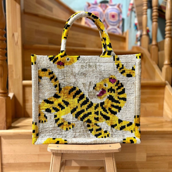 Yellow ikat bag, Velvet ikat tote bag, Tote evening bag, Tote wedding bag, Large tote bag, Ikat clutch bag, Velvet tote bag, Tiger Ikat bag