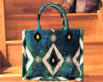Green Velvet Ikat Tote Bag: Silk Handbag, Made in Turkey