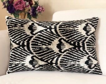 Black and White Pillow, Ikat Cushion Cover, Velvet Ikat Pillow, Handmade Black and White Pillow, Living Room Pillow, Lumbar Ikat Pillow