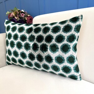 Green Ikat Velvet Pillow, Green Ikat Cushion Cover, Lumbar Ikat Cushion, Green Velvet Accent, Ikat Pattern Cushion, Decorative Green Pillow image 3