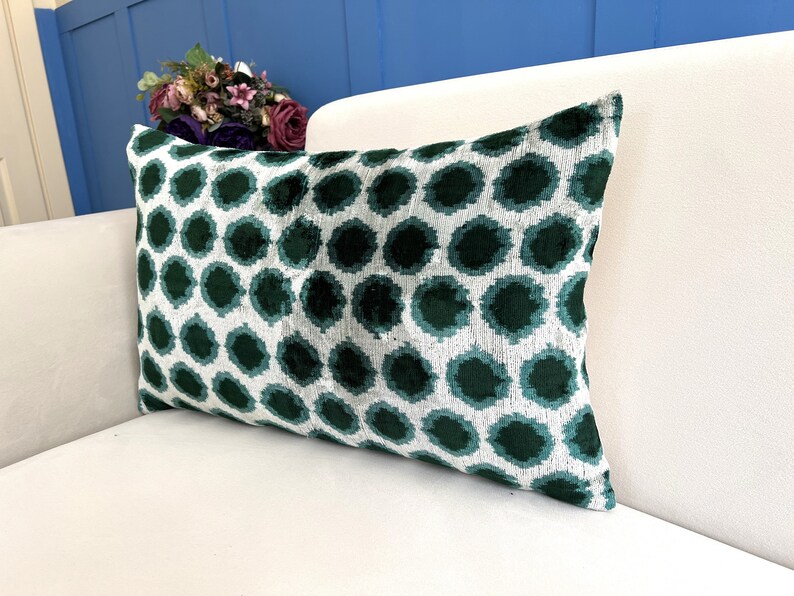 Green Ikat Velvet Pillow, Green Ikat Cushion Cover, Lumbar Ikat Cushion, Green Velvet Accent, Ikat Pattern Cushion, Decorative Green Pillow image 3