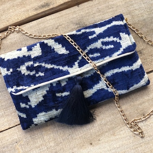 Blue Velvet Clutch Bag, Navy Blue Wedding Clutch, Ikat Clutch Bag, Boho Blue Clutch Bag, Chic Blue Handbag, Women's Blue Evening Clutch