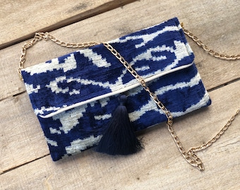 Blue Velvet Clutch Bag, Navy Blue Wedding Clutch, Ikat Clutch Bag, Boho Blue Clutch Bag, Chic Blue Handbag, Women's Blue Evening Clutch