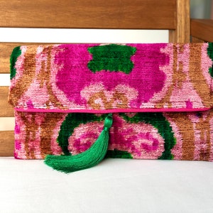 Pink Clutch Bag, Pink ikat clutch bag, Evening clutches, Wedding Bag, Boho Clutch Bag, Silk Ikat velvet bag, Women clutch bag, Clutch wallet image 3