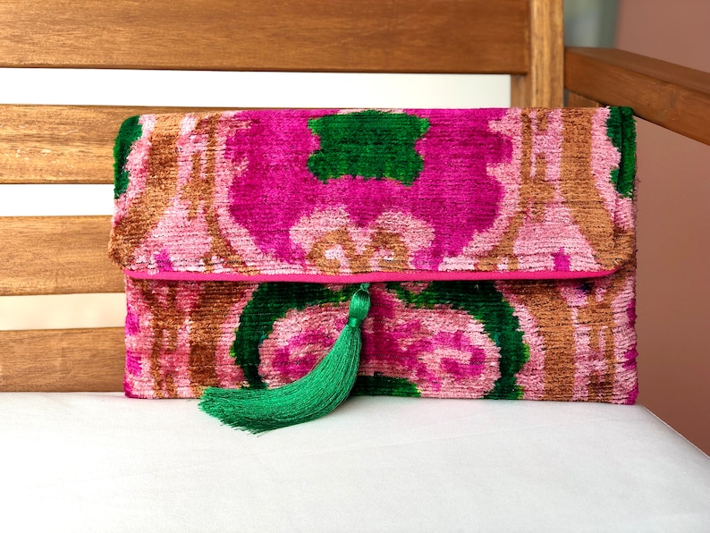 Pink Clutch Bag, Pink ikat clutch bag, Evening clutches, Wedding Bag, Boho Clutch Bag, Silk Ikat velvet bag, Women clutch bag, Clutch wallet image 3