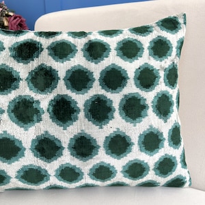 Green Ikat Velvet Pillow, Green Ikat Cushion Cover, Lumbar Ikat Cushion, Green Velvet Accent, Ikat Pattern Cushion, Decorative Green Pillow image 4