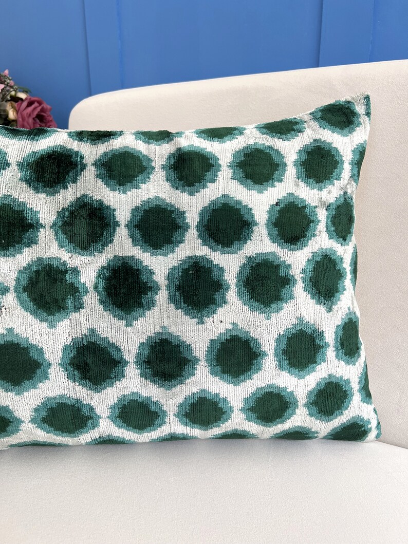 Green Ikat Velvet Pillow, Green Ikat Cushion Cover, Lumbar Ikat Cushion, Green Velvet Accent, Ikat Pattern Cushion, Decorative Green Pillow image 4