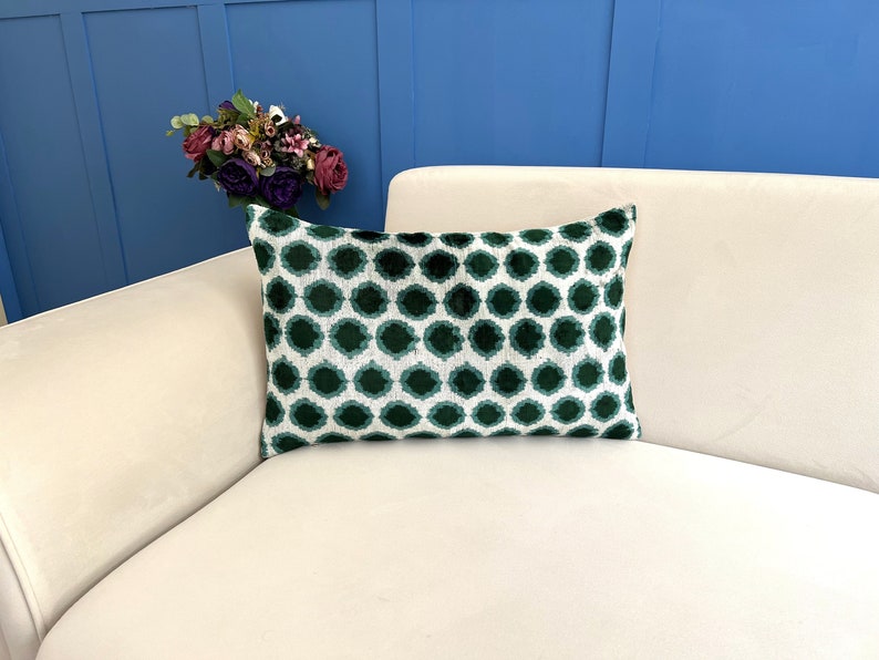 Green Ikat Velvet Pillow, Green Ikat Cushion Cover, Lumbar Ikat Cushion, Green Velvet Accent, Ikat Pattern Cushion, Decorative Green Pillow image 8