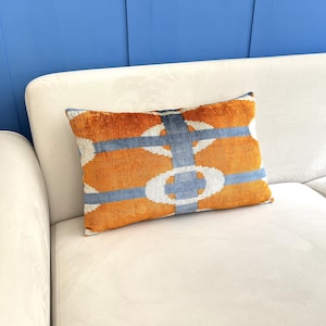 Orange Ikat Pillow Cover, Orange Pillow Cover, Ikat Velvet Pillow Cover, Lumbar Ikat Pillow, Velvet Throw Pillow, Boho Ikat Pillow image 3