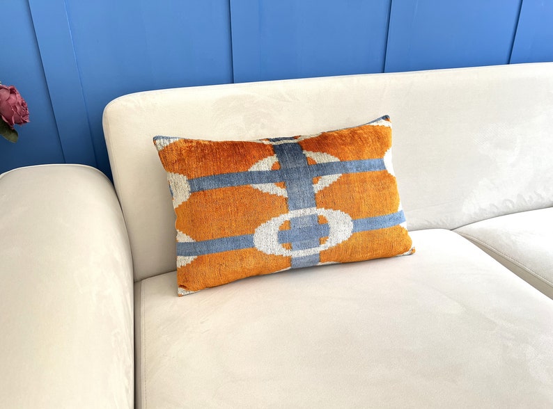 Orange Ikat Pillow Cover, Orange Pillow Cover, Ikat Velvet Pillow Cover, Lumbar Ikat Pillow, Velvet Throw Pillow, Boho Ikat Pillow image 3