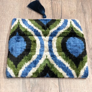 Pochette Ikat Blu, Pochette Ikat Verde, Pochette in Velluto, Borsa Ikat Verde, Pochette da Sera, Pochette da Sposa, Borsa Ikat in Velluto di Seta immagine 6