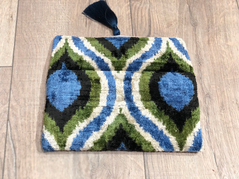 Pochette Ikat Blu, Pochette Ikat Verde, Pochette in Velluto, Borsa Ikat Verde, Pochette da Sera, Pochette da Sposa, Borsa Ikat in Velluto di Seta immagine 6