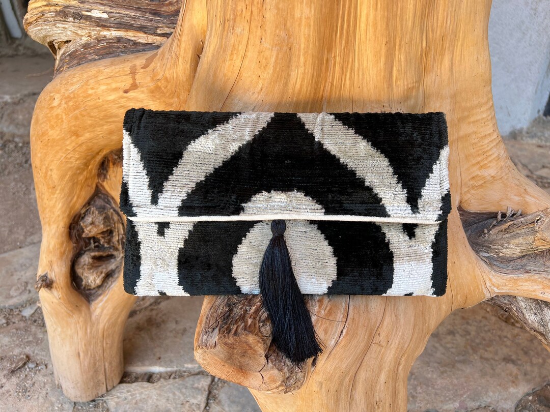 Black & White Ikat Velvet Clutch Bag: Boho Evening Bag - Etsy