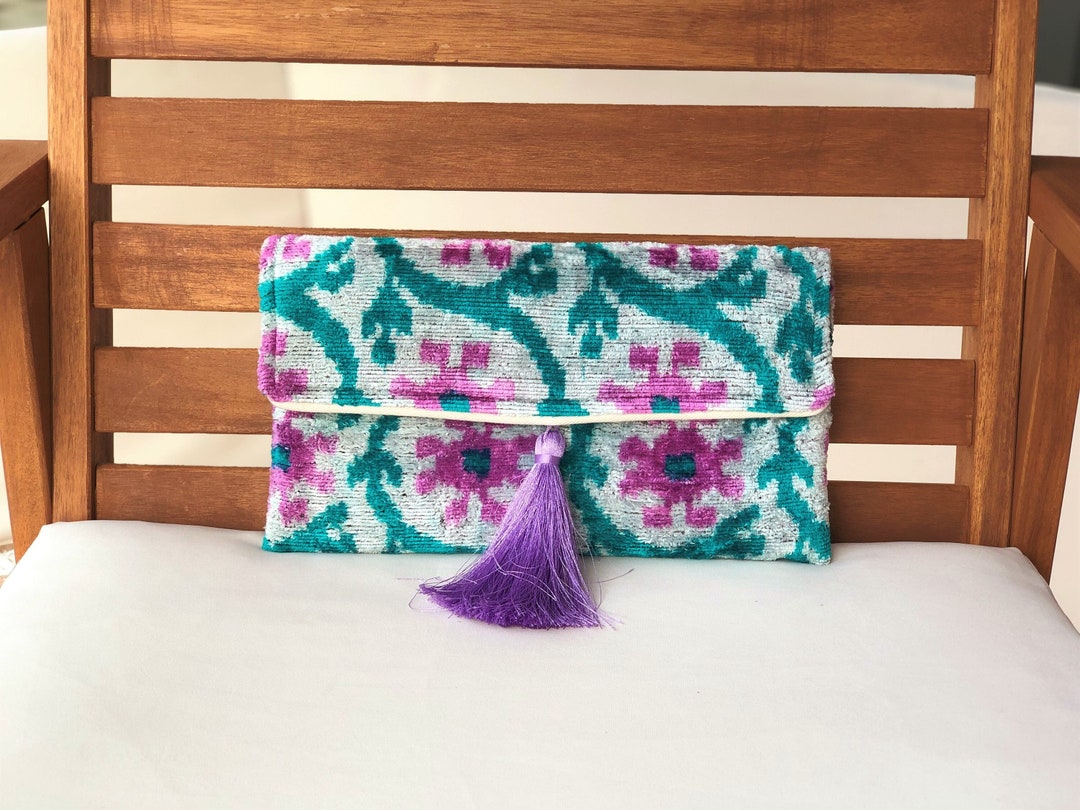 Torquoise Clutch Bag, Ikat Clutch Bag, Silk Velvet Ikat Bag, Velvet ...