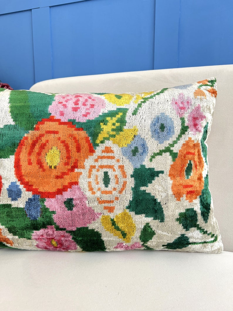 Multicolor Ikat Pillow, Colorful Ikat Pillow, Velvet Ikat Cushion Cover, Floral Ikat Pillow, Handmade Ikat Pillow, Vibrant Accent Pillow image 4