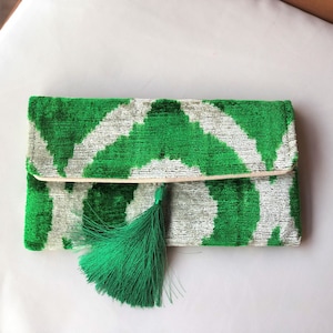 Green Velvet Ikat Bag, Green Ikat Clutch Bag, Boho Green Clutch Bag, Ikat Handbag, Handmade Clutch Bag, Wedding Clutch Bag, Chic Evening Bag image 2