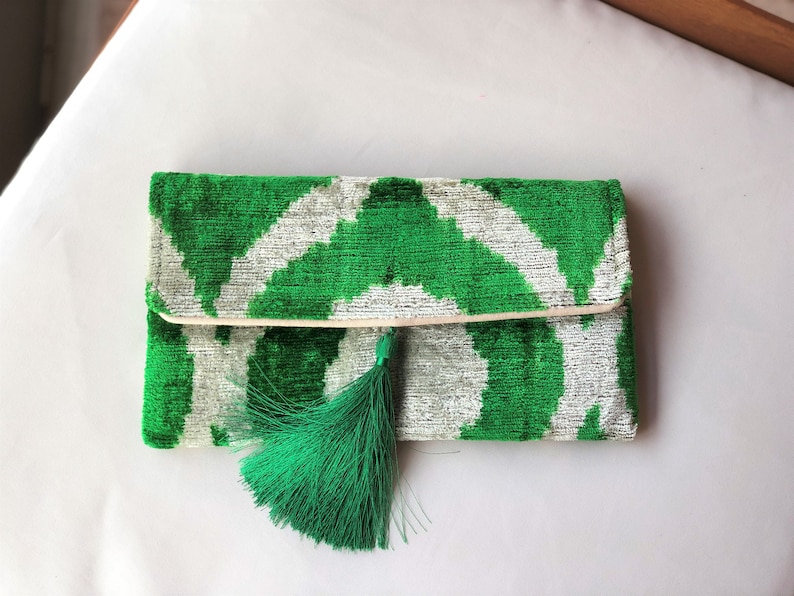 Green Velvet Ikat Bag, Green Ikat Clutch Bag, Boho Green Clutch Bag, Ikat Handbag, Handmade Clutch Bag, Wedding Clutch Bag, Chic Evening Bag image 2