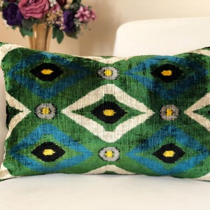 Green Ikat Pillow, Ikat Velvet Pillow, Green Pillow Cover, Lumbar Ikat Pillow, Velvet Ikat Cushion, Velvet Throw Pillow, Green Velvet Pillow