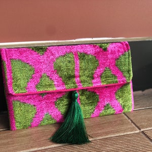 Ikat Clutch Bag, Green Clutch Bag, Pink Clutch Bag, Ikat Velvet Clutch Bag, Green Pink Clutch, Evening Clutch Bag, Wedding Clutch Bag image 7