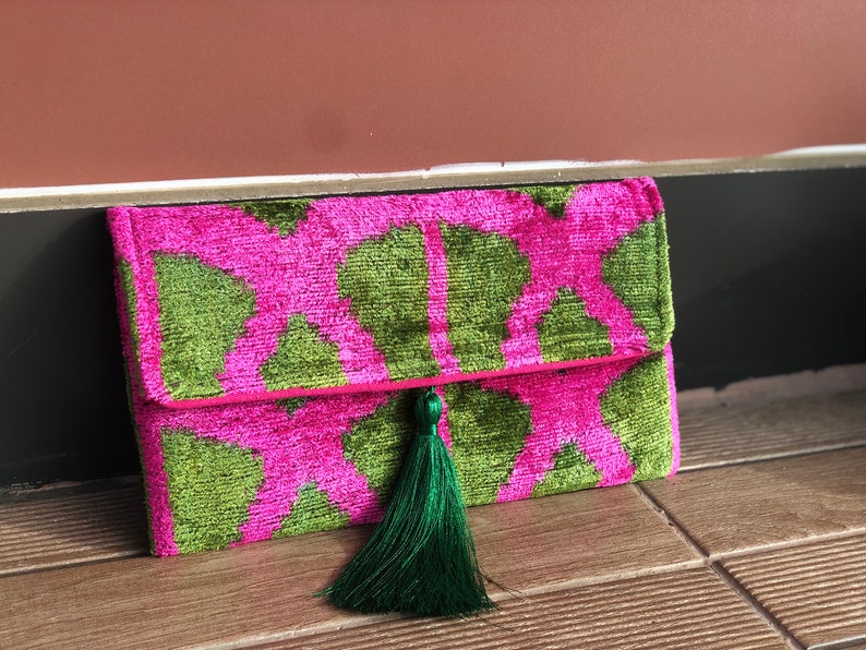 Ikat Clutch Bag, Green Clutch Bag, Pink Clutch Bag, Ikat Velvet Clutch Bag, Green Pink Clutch, Evening Clutch Bag, Wedding Clutch Bag image 7