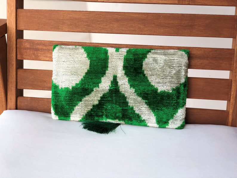 Green Velvet Ikat Bag, Green Ikat Clutch Bag, Boho Green Clutch Bag, Ikat Handbag, Handmade Clutch Bag, Wedding Clutch Bag, Chic Evening Bag image 5