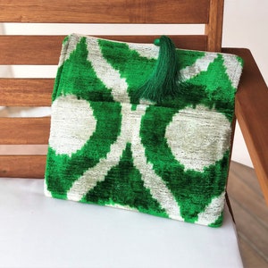 Green Velvet Ikat Bag, Green Ikat Clutch Bag, Boho Green Clutch Bag, Ikat Handbag, Handmade Clutch Bag, Wedding Clutch Bag, Chic Evening Bag image 7