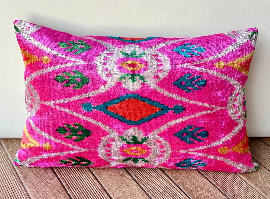 Silk Velvet Ikat Pillow Cover, Pink Velvet Ikat Cushion Cover, Pink
