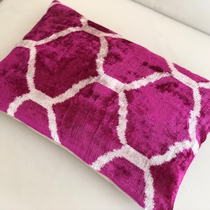 Velvet Ikat Lumbar Pillow Cover: Handwoven Silk, Boho Pink Cushion