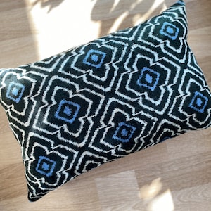 Blue Velvet Ikat Pillow Cover: Vintage Uzbek Silk Cushion