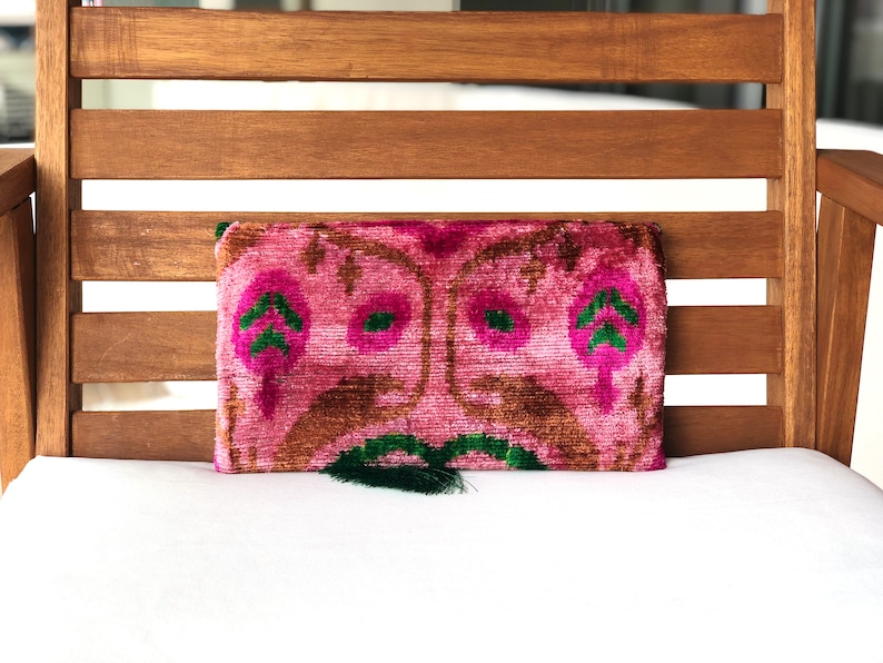 Pink Clutch Bag, Pink ikat clutch bag, Evening clutches, Wedding Bag, Boho Clutch Bag, Silk Ikat velvet bag, Women clutch bag, Clutch wallet image 2