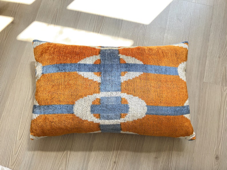 Orange Ikat Pillow Cover, Orange Pillow Cover, Ikat Velvet Pillow Cover, Lumbar Ikat Pillow, Velvet Throw Pillow, Boho Ikat Pillow image 5