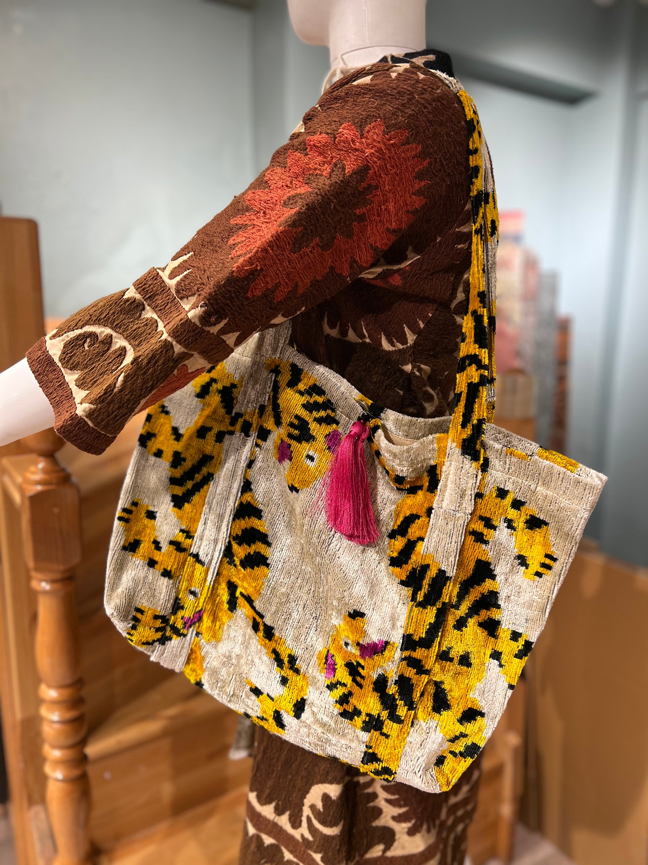 Velvet Ikat Tote Bag, Velvet Tote Bag, Yellow Ikat Bag
